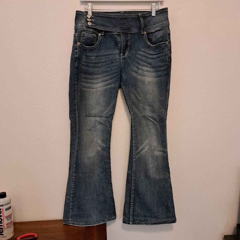 Flamingo Women Blue High Waisted Flare Jeans Triple Button Side Closure Size L